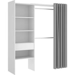 Armoire dressing extensible avec rideau + 1 tiroir coloris blanc - Longueur 110-160 x Hauteur 205 x Profondeur 50 cm Pegane