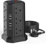 12 Way Tower Extension Lead 1.8M, 5 USB Ports, 18W Fast Charger, Surge Protected