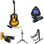 Martin Smith W-100-SB-PK Acoustic Guitar Kit with Guitar Strings + Guitar Tuner Clip + Aframe Guitar Stand + Universal vertical Guitar Stand + Universal Guitar Hanger + TwinPack Guitar Hanger