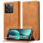 Lanhiem Coque Xiaomi 13T, Coque Xiaomi 13T Pro avec Verre Trempé, Etui en Cuir PU Premium, RFID Protection Portefeuille Housse pour Xiaomi 13T/Xiaomi 13T Pro Étui, Brun