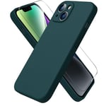 ACRONIX Coque pour iPhone 14,Coque Silicone Liquide pour iPhone 14(6.1"),avec 1 Verres Trempés,Surélevée pour Écran & Caméra,Case Protection Complète 360 Degré,Coque en Silicone-Olive Verte