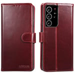 LENSUN Coque Samsung Galaxy S21 Ultra 5G, Étui Cuir Véritable Portefeuille Housse [RFID Blocage] Rangements Cartes et Fermoir Magnétique pour Galaxy S21 Ultra- Vin Rouge