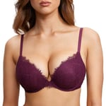 DOBREVA Femme Soutien Gorge Push Up avec Armature Decollete Plongeant Sexy en Dentelle de Cils Vin de Raisin 90A