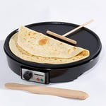 Daewoo Electric Pancake & Crepe Maker / 12" Non-Stick Hot Plate With Raised Edges For Reduced Mess/Adjustable Temperature/Wooden Spreader & Spatula Included / 1000W