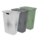 SUNDIS Pixel, lot de 3 paniers à linge 40l, en plastique recyclé, blanc cassé, gris, vert sauge, idéals pour les petits espaces, 2 poignées latérales et 1 poignée au-dessous, aération sur les 4 côtés