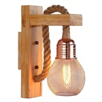 Applique murale industrielle à Led en corde de chanvre / Lampe en bois, E27 Basepink