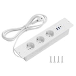 Prise de Courant Encastrée avec 2 USB A et 1 Type-C, Prise de Courant de Table à 3 Prises Multiple, Bandeau Prise Triple Encastrée de Table avec Câble de 2M pour Meubles de Table, Blanc