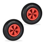 Relaxdays Roue de brouette 3.50-6, Lot de 2, Caoutchouc, Jante en Plastique, pour Chariot, Jusqu’à 100 kg, Noir - Rouge