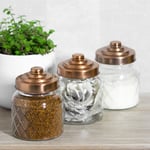 Set of 3 Glass Storage Jars Copper Lids Tea Coffee Sugar Kitchen Canisters Pots