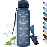 Grsta Gourde 1l, Gourde Sport Anti-Fuite, Gourde Paille pour Musculation, Gourde Graduée avec Marqueur de Temps, Gourde eau Motivation, Facile à Nettoyer, pour Running, Camping, Randonnée, Navibleu