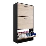 CASABEL Meuble de Rangement a Chaussure 18 Paires - Armoire Etagere Grande Capacité pour Entree, Couloir - L60xP24xH113 cm - Portes Bois Clair Cadre Noir