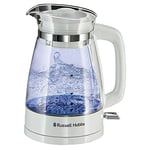 Russell Hobbs Carafe Style 1.7L Cordless Electric Glass Kettle with white handle, lid & base and blue internal illumination (Fast boil, 3KW, Anti-scale filter, Pull off lid, unique glass spout) 26081