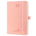 POPRUN Agenda de Poche 2025 Semainier 16 x 10,5 cm D'août 2024 à déc 2025-17 Mois Petit Agenda Scolaire avec Couverture Souple en PU Cuir, Papier Certifié FSC®, Rose