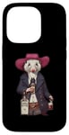 Coque pour iPhone 14 Pro Opossum américain dans un chapeau de cowboy buvant une bouteille de whisky