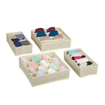 Relaxdays Organiseur sous-vêtements, 4 pièces, Système Rangement boites pour Armoire, pour Chaussettes Beige