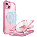 i-Blason AresMag for iPhone 15 Case/iPhone 14 Case/iPhone 13 Case [6.1 inch], [MagSafe Compatible] Full-Body Shockproof Rugged Clear Bumper Case with Built-in Screen Protector (Pink)