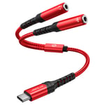 USB-C to 3.5mm Headphone Jack Adapter Y Splitter, JSAUX Type-C to Dual 3.5mm Aux Audio Adapter Compatible with Huawei P40 P30 P20 Mate 20 10, Pixel 4 3 2 XL, Samsung Galaxy Note 20 10 S20 S10 -Red