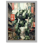 Mecha Robot in City Street Anime Sci-Fi Artwork Red Green Giant Humanoid Machine Fantasy Science Fiction Artwork Framed A3 Wall Art Print