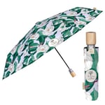 PERLETTI Parapluie Pliant Femme en Tissu Recyclé Blanc et Vert - Parapluie Automatique Ecologique en Bois - Parapluie Mini Pratique Portable - Parapluie Green Pliant Résistant au Vent (Camélia)