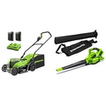 Greenworks Tondeuse à gazon à batterie2x24V 36cm GD24X2LM36K2xavec batterie 2x2Ah et chargeur à double fente et aspirateur à feuilles et souffleur de feuilles sans fil 2X24V Outil 2-en-1 GD24X2BV