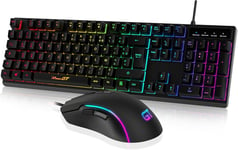 Clavier et Souris Gaming, Ensembles Clavier Souris Filaires, Clavier Ergonomique Rétroéclairé, Clavier PC Silencieux avec pavé numérique pour Windows/MacOS/Linux, AZERTY-Noir