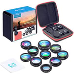 Apexel Kit d'objectifs 10 en 1 pour téléphone Objectif Grand Angle, Objectif Macro, Objectif fisheye, téléobjectif kaléidoscope 3/6 CPL/Flow/Star/Radial Filtre à Clipser pour iPhone, Samsung