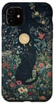 Coque pour iPhone 11 Chat Noir Lune Fleurs Cottagecore