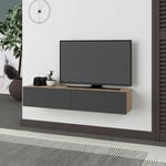 Meuble tv suspendu en bois 135cm avec portes battantes coloris chêne et anthracite - Francy