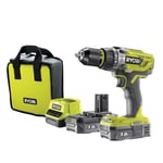 RYOBI 18V PERCUSIION - COMBI DRILL WITH 2 BATTERIES, CHARGER AND CARRY CASE R18