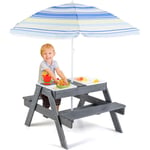 Table de Pique-Nique Enfants avec Parasol Réglable & 3 Bacs Amovible, Table de Jardin Extérieur en Sapin pour Sable et Eau, Charge 100kg pour Enfants