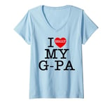 Womens I Love (Heart) My G-Pa Grandpa Kids Granddaughter Grandson V-Neck T-Shirt