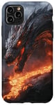 Coque pour iPhone 11 Pro Max Dragon fondu se profilant au-dessus d'un ruisseau de lave ardent