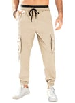 AlvaQ Mens Cargo Trousers Work Trousers Men Casual Jogger Work Pants Regular Fit Drawstring Sweatpants Sports Bottoms with Pockets, Khaki, M