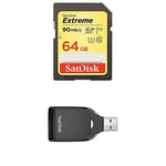 SanDisk Extreme 64GB SDXC Memory Card up to 90MB/s, Class 10, U3, V30 FFP with SanDisk SD UHS-I Card Reader