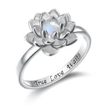 Moonstone Lotus Ring, Sterling Silver True Love Waits Engraved Lotus Flower Blossom Fidget Ring Natural Healing Buddha Spiritual Yoga Jewelry Gifts for Women (P 1/2)