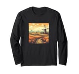 Whet Fields With Windmills Vintage Landscape Graphic Long Sleeve T-Shirt