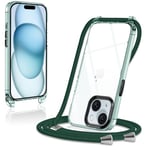 Coque pour iPhone 15 avec Cordon de Collier, Transparente Silicone Housse avec Réglable Lanyard, Anti-Chute Ètuis pour iPhone 15 6.1 Pouces, Bandoulière - Vert