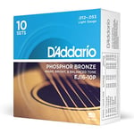 D'Addario Guitar Strings - Phosphor Bronze Acoustic Guitar Strings - EJ16-10P - Superb, Long Lasting Tone, Comfortable Playability - For 6 String Guitars - 12-53 Light, 10-Pack