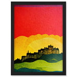 Wee Blue Coo Modern Edinburgh Castle Vibrant Rainbow Colour Sunset Scottish Cityscape Coral Yellow Green Blue Artwork Framed A3 Wall Art Print