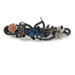 Vintage Inspired Midnight Blue Crystal Butterfly And Pink Rose Barrette Hair
