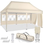 tillvex Tonnelle étanche 3 x 6 m, pliable, pop-up, réglable en hauteur, protection UV 50+, tente de réception avec sac, pour jardin, avec 3 panneaux latéraux (beige)