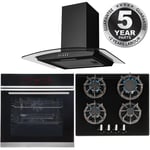 60cm Black Pyrolytic Single Digital Fan Oven, 4 Burner Gas Hob & Curved Hood