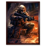 Army Warfare Desert Sniper Explosion Flames Oil Painting Soldier Action Scene Art Print Framed Poster Wall Decor 12x16 inch