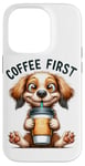 Coque pour iPhone 14 Pro Coffee First Tasse à café Motif chiot mignon