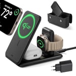 ESR Qi2 Station de Charge sans Fil 3 en 1, 15W Chargeur Apple Watch [Certifié] et Support de MagSafe pour iPhone, pour Plusieurs Appareils, iPhone 16/15/14/13, Montre et AirPods 4, avec Sac- Noir