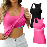 V FOR CITY Ladies Shelf Bra Tank Top Cotton Comfy Tanks Top Racerback Workout Vests Top Pack of 2 Black/Hot Pink S