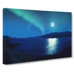 Full Moon During The Northern Lights Modern Art Canvas Wall Art Print Ready to Hang, Framed Picture for Living Room Bedroom Home Office Décor, 20x14 Inch (50x35 cm)