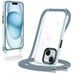 Coque pour iPhone 15 avec Cordon de Collier, Transparente Silicone Housse avec Réglable Lanyard, Anti-Chute Ètuis pour iPhone 15 6.1 Pouces, Bandoulière - Bleu