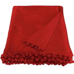 Ragged Rose 140 cm x 180 cm Throw Blanket - Pom Pom Throw Made of Cotton Velvet with Pompom Trims on Sides - Versatile Cotton Velvet Blanket for Sofa & Bed