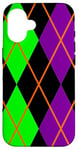 Coque pour iPhone 16 Clowncore Halloween Losanges Plaid Violet Vert Clown Jester